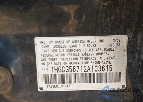 2002 Honda Accord 2.3 Se z USA, uszkodzony, nr VIN 1HGCG56712A103615